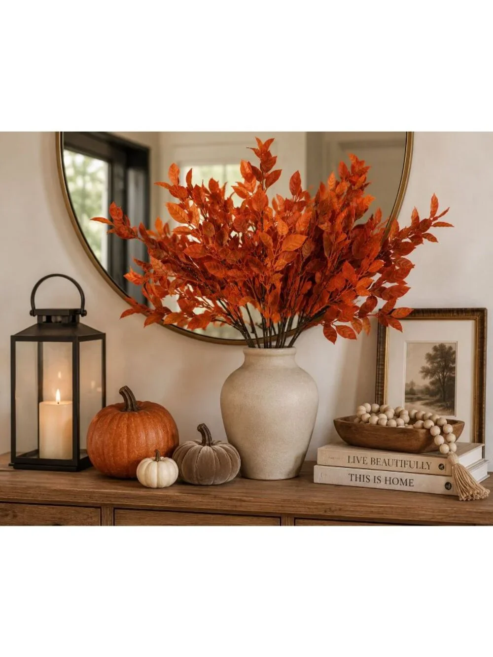 Artificial Fall Leaf Bush 13 Inch Orange Faux Autumn Foliage Pick 5 Branches Wre